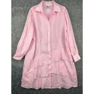 Finley Linen Dress Women's 1X Pink Tiered Ruffle Button Up Roll Tab Sleeve